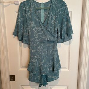 Teal Blue Floral Wrap Romper
